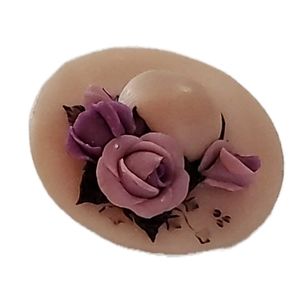 Handmade Spring Bonnet Brooch Honey Beige With Delicate Purple & Pink Flowers